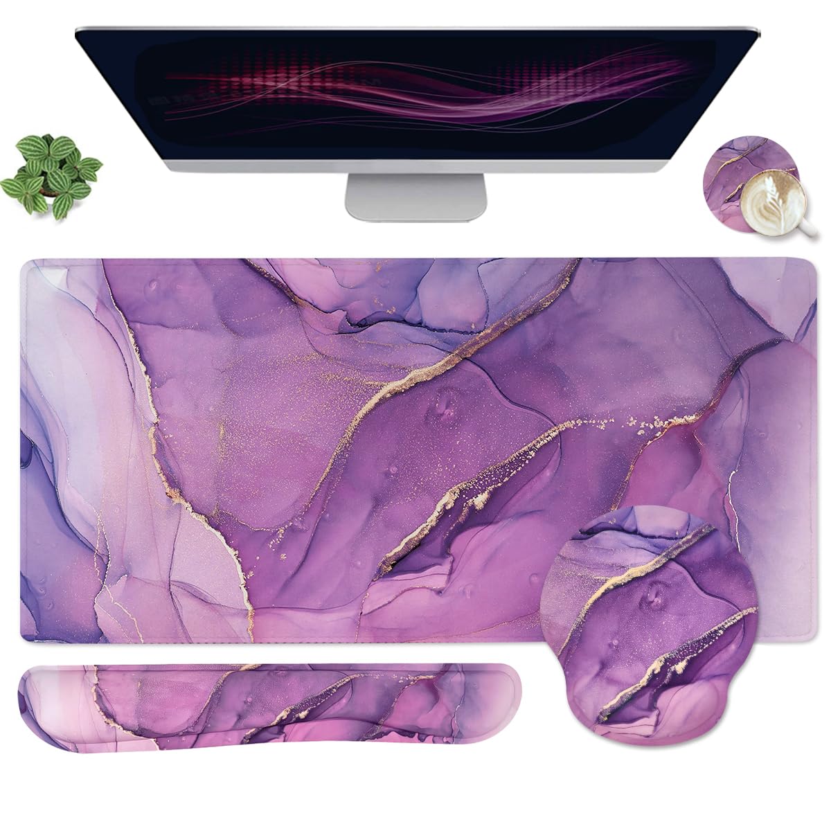 4-in-1 Gaming Mouse Pad Wrist Support Set，Desk Pad + Mouse Pad with Wrist Rest + Keyboard Wrist Rest + Coaster, Ergonomic Design for Home Office Study Game - Purple