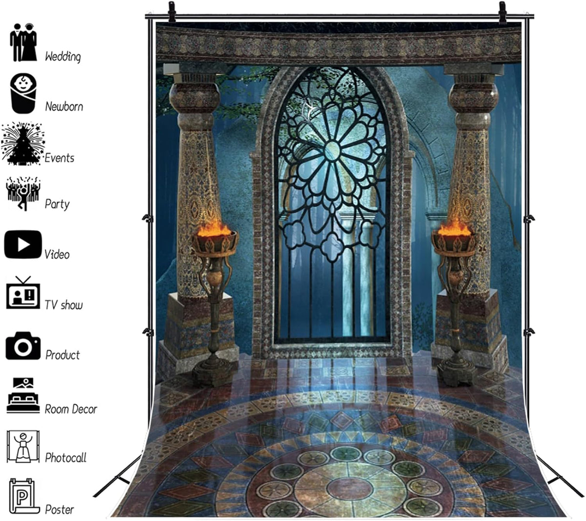 Renaiss 6x9ft Medieval Castle Backdrop for Photoshoot Portrait Pillar Torch Gothic Stone Tower Ancient Old Fortress Interior Photography Background Halloween Party Decor Wallpaper Photo Studio Props