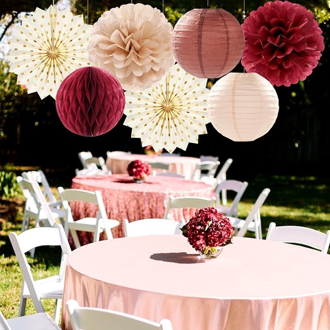 Brown Burgundy Champagne Boho Party-Decorations - 14pcs Rustic Wedding Paper Lanterns Fan,Tissue Pom Poms Streamers,Honeycomb,Fall Autumn Birthday Baby Bridal Shower Engagement Decor Lasting Surprise