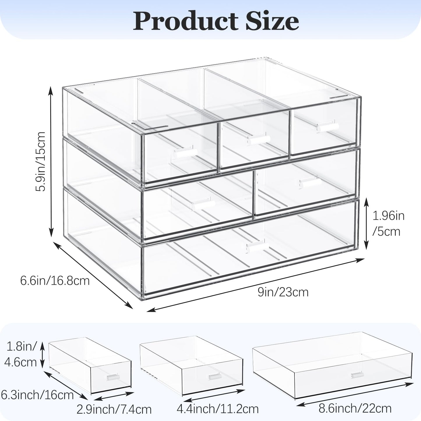 3 Tier Stackable Desk Organizer with 6 Drawers, YOCOMEY Plastic Desktop Storage Box Drawers, Detachable Makeup Storage Office Stationery Supplies Organizer for Office School (All Clear)