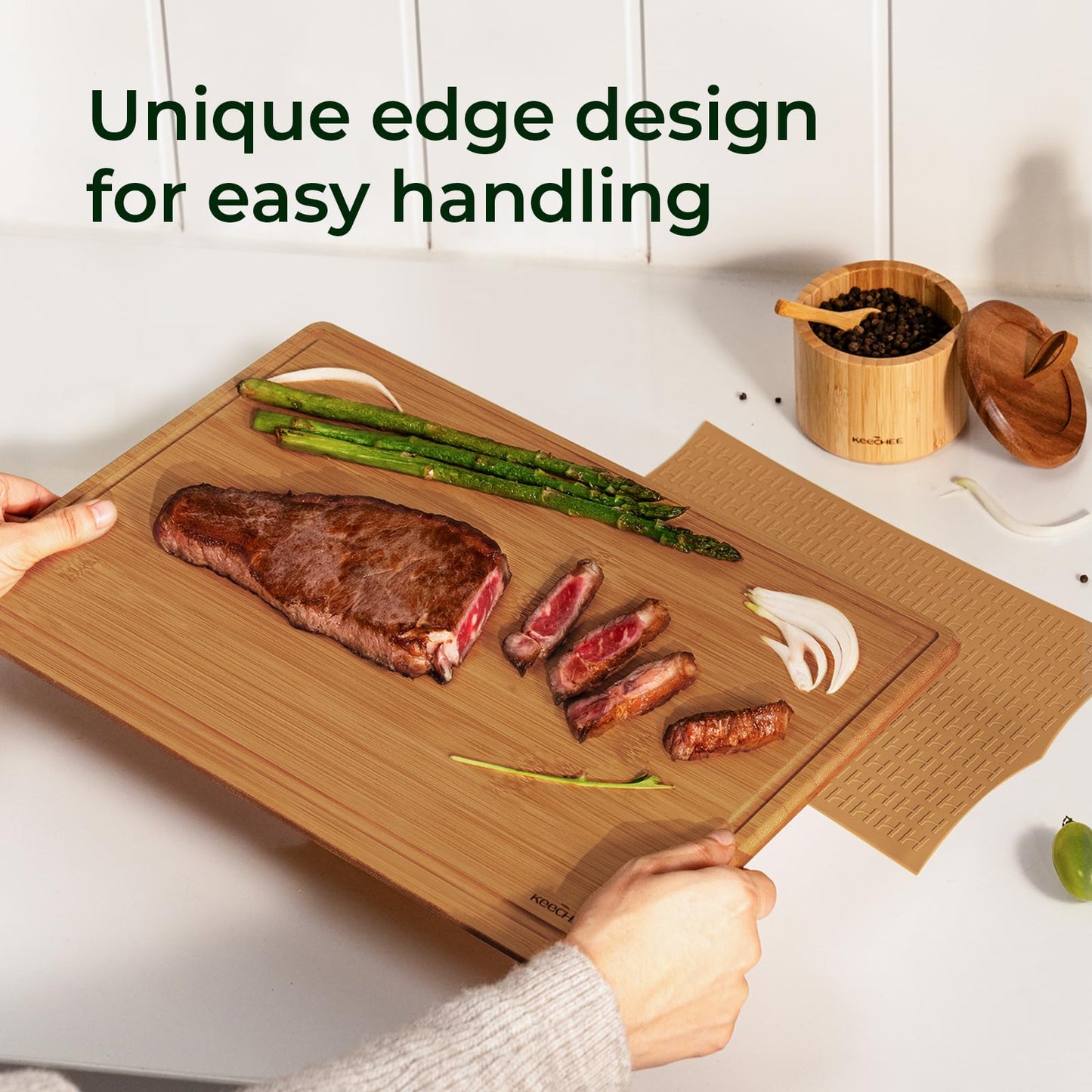 Keechee 2Pcs Cutting Board Set with Non-slip Mat, Bamboo Cutting Boards for Kitchen Meal Prep & Serving - Wood Serving Board Sets with Deep Juice Groove Ideal Kitchen Gifts