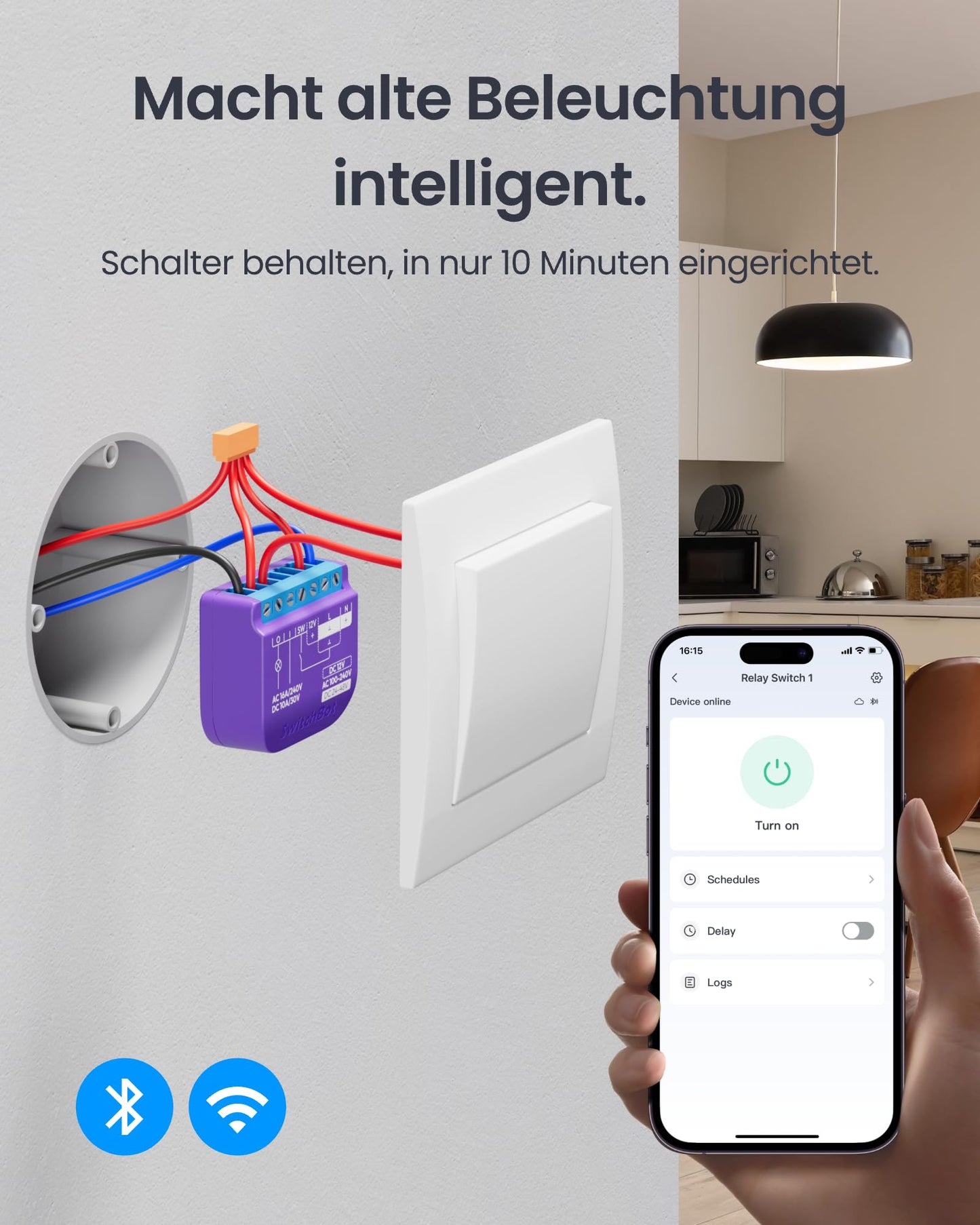 SwitchBot WiFi Switch Compatible with Alexa/Apple Home/Google Home/Matter (Hub Required), Power-Measuring Relay Switch Module with Integrated Bluetooth Repeater and Dry Contact, 2.4 GHz, 16 A