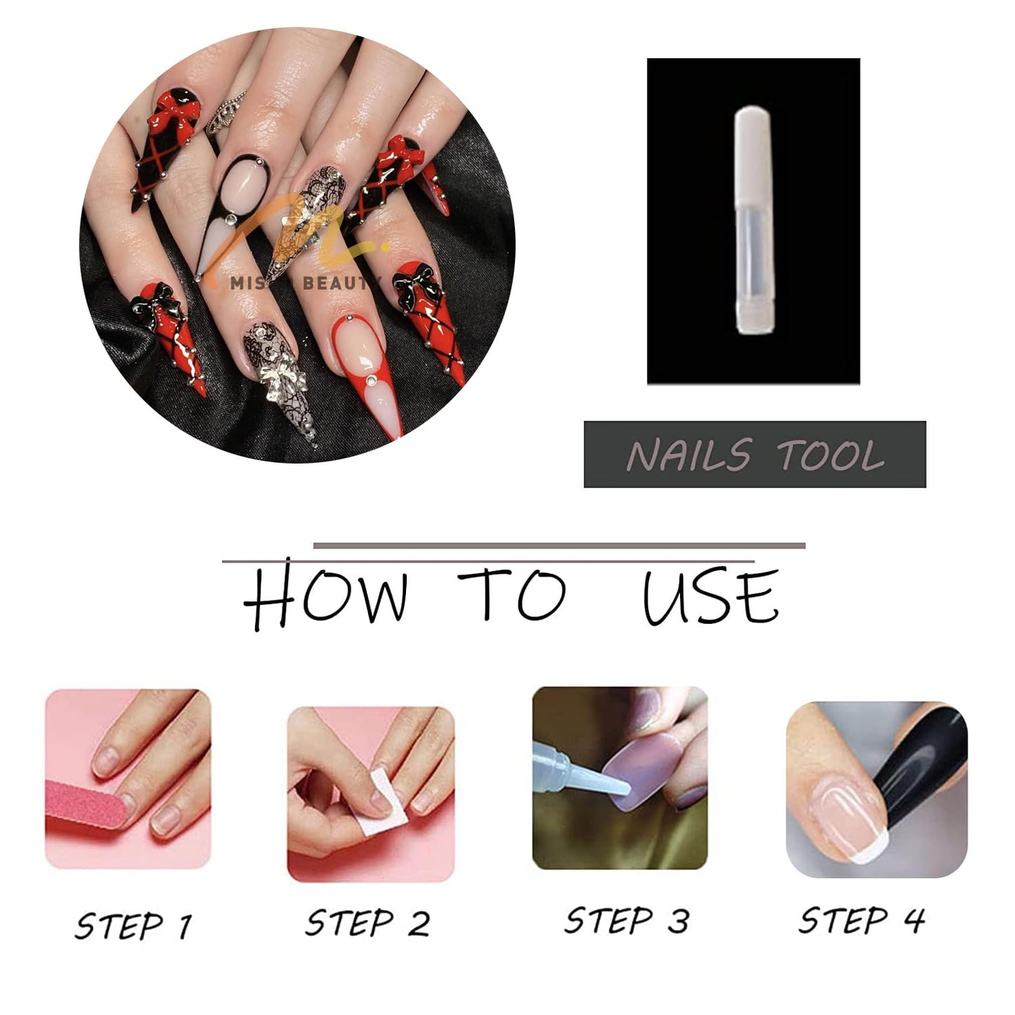 MISUD Press on Nails - Long Stiletto Glue on Nails with Goth Red Black, Acrylic Gothic Lace Charms Design 24 pcs