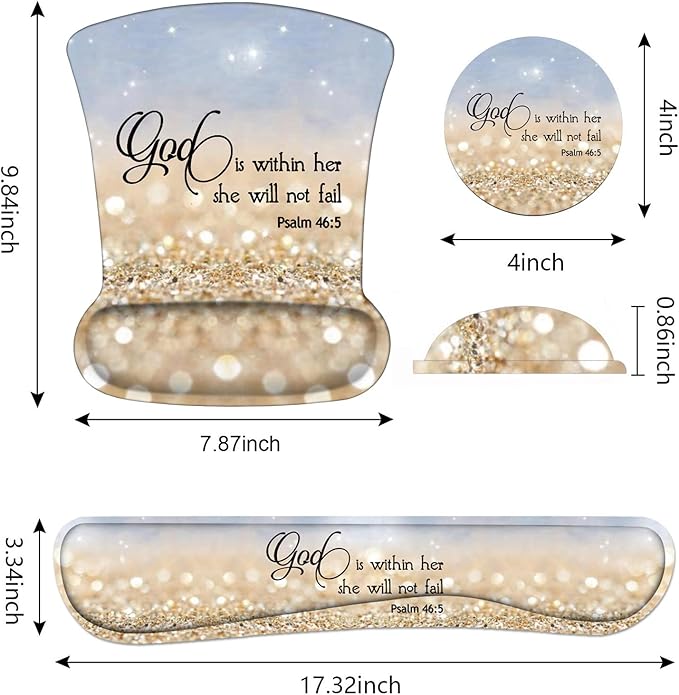 Keyboard Wrist Rest and Mouse Pad Wrist Support Set with Cute Coasters, Non-Slip PU Base Ergonomic Gaming Mousepad for Home Office Working Studying Easy Typing & Pain Relief, Bible Verses Psalm 46:5