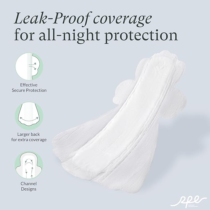 100% Organic Overnight Pads for Women, Ultra Thin Extra Heavy Flow Menstrual Sanitary Napkins with Wings Cotton Extra Coverage Period-Pads Super Absorbency Feminine Pad (Overnight, Size 5, 36 Ct)