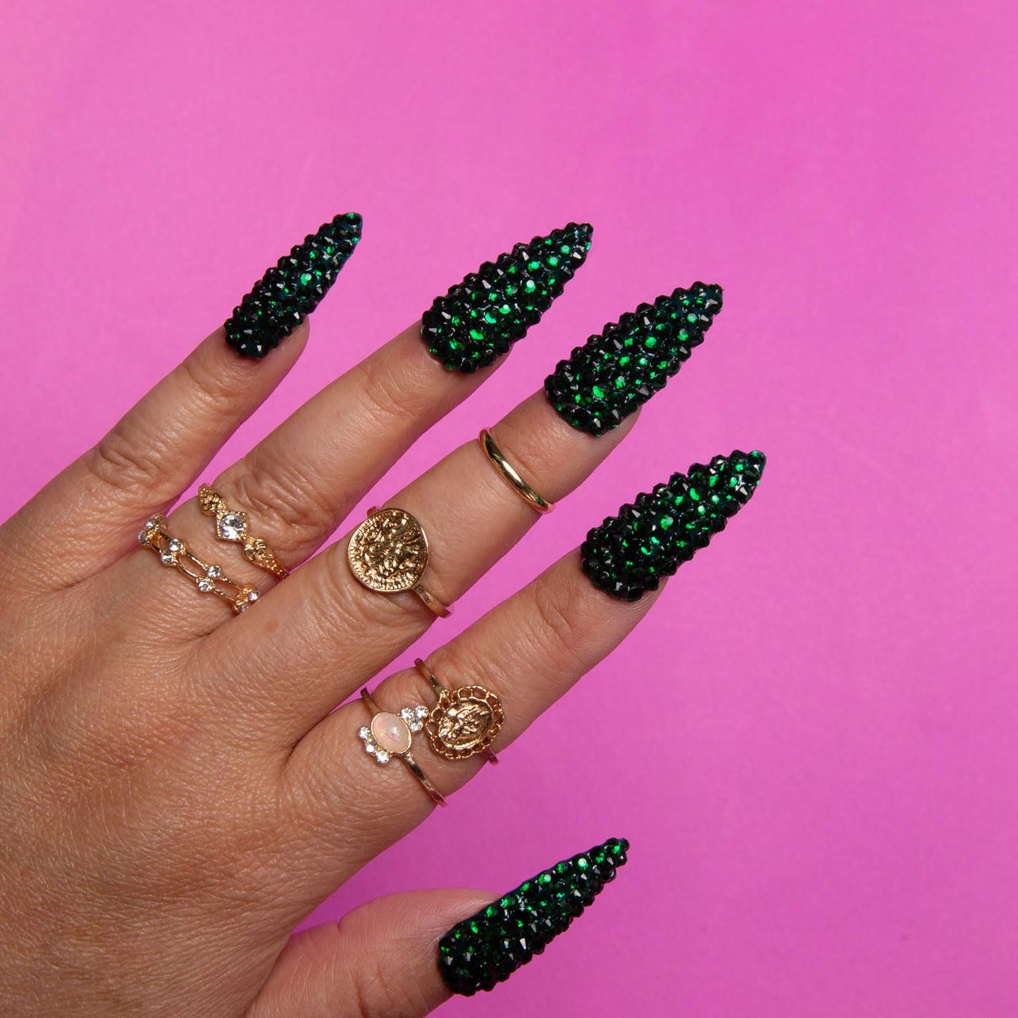 LOVFUL Press on Nails Classic Green Rhinestone | Handmade with Full Covered Crystals | Reusable Fake Nails | Stiletto Classic Regular 1.3 in | H147-S
