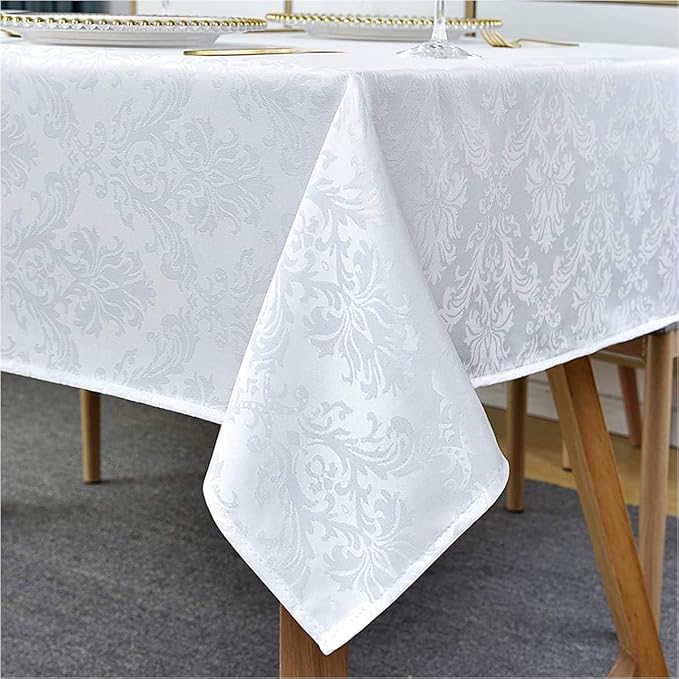 Rectangle Table Cloth - 60 x 84 Inch White Jacquard Tablecloths Damask Design Spillproof Wrinkle Resistant Shrinkproof Soft Tablecloth Polyester Oblong Table Cover for Kitchen Dinning Party Tabletop
