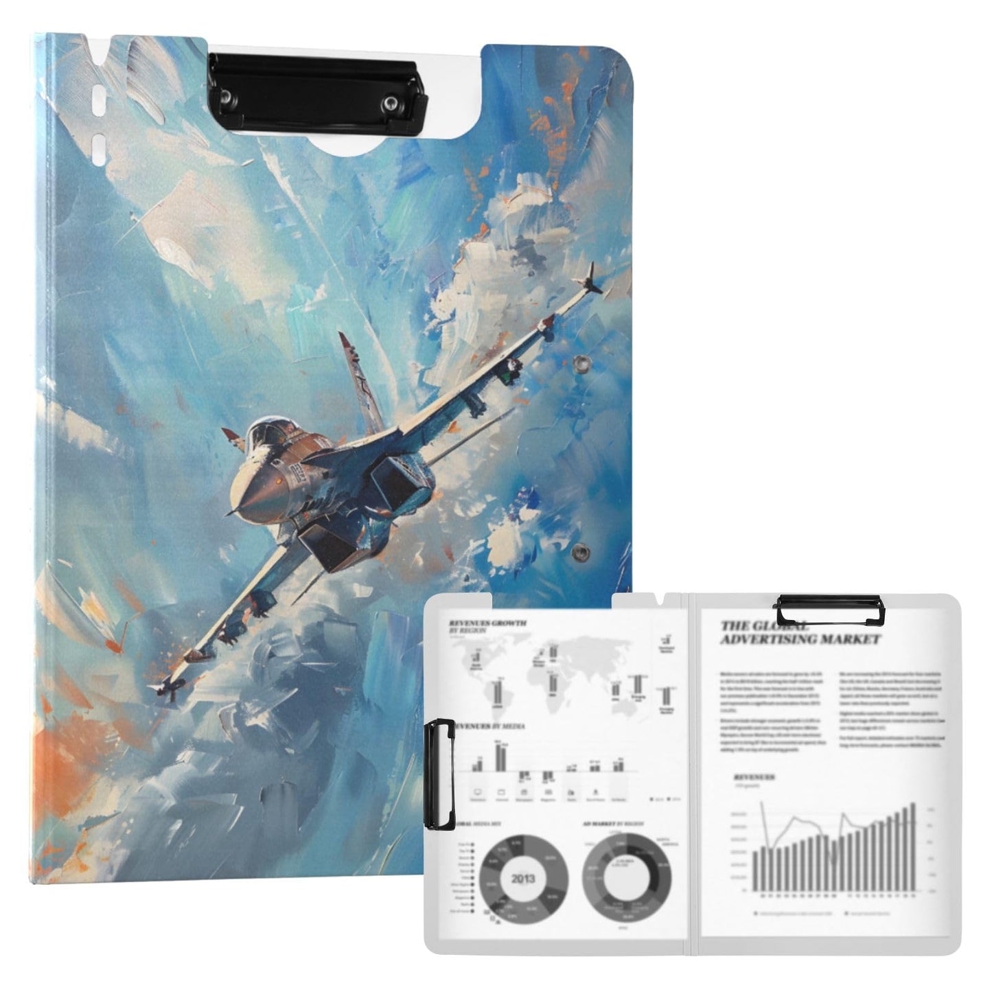 Fighter Jet Painting Folding Clipboard Folder Binder Clip Board with Double Low Profile Clip Waterproof for Business Office 360° Foldable