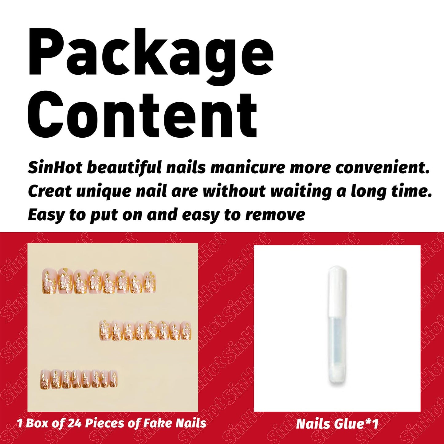 SINHOT Square Press on Nails - Short Fake Nails, Glossy Finish, Gold Chrome Leaves & Nude Natural, DIY Artificial False Nail Art - 24 Pcs Nail Kit with Glue