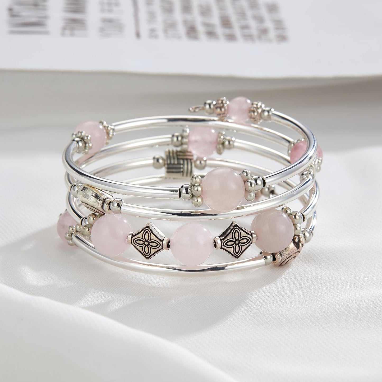 Beaded Pearl Bangle Wrap Bracelet - Fashion Bohemian Jewelry Multilayer Charm Bracelet with Thick Silver Metal Beads, Gift For Women(Pink crystal)