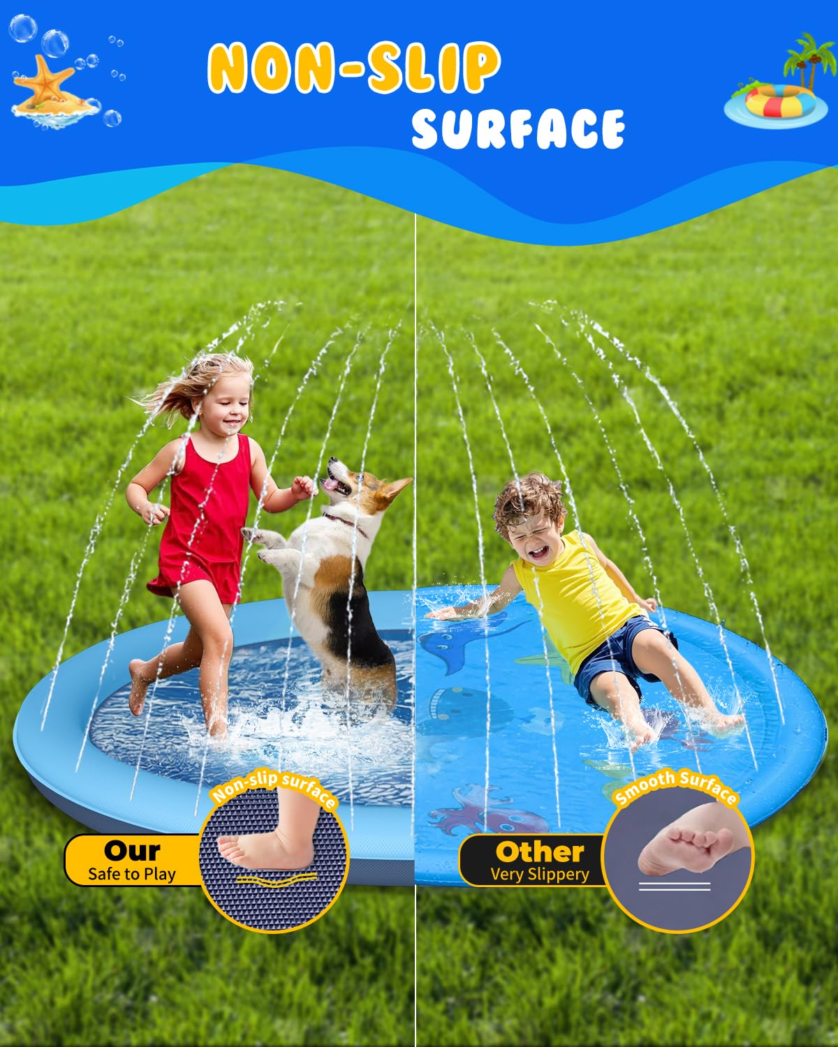 Dog Splash Pad, 67" Non-Slip Thickened Sprinkler Pool, Summer Outdoor Pet Water Play Mat, Splash Pad for Dogs & Kids