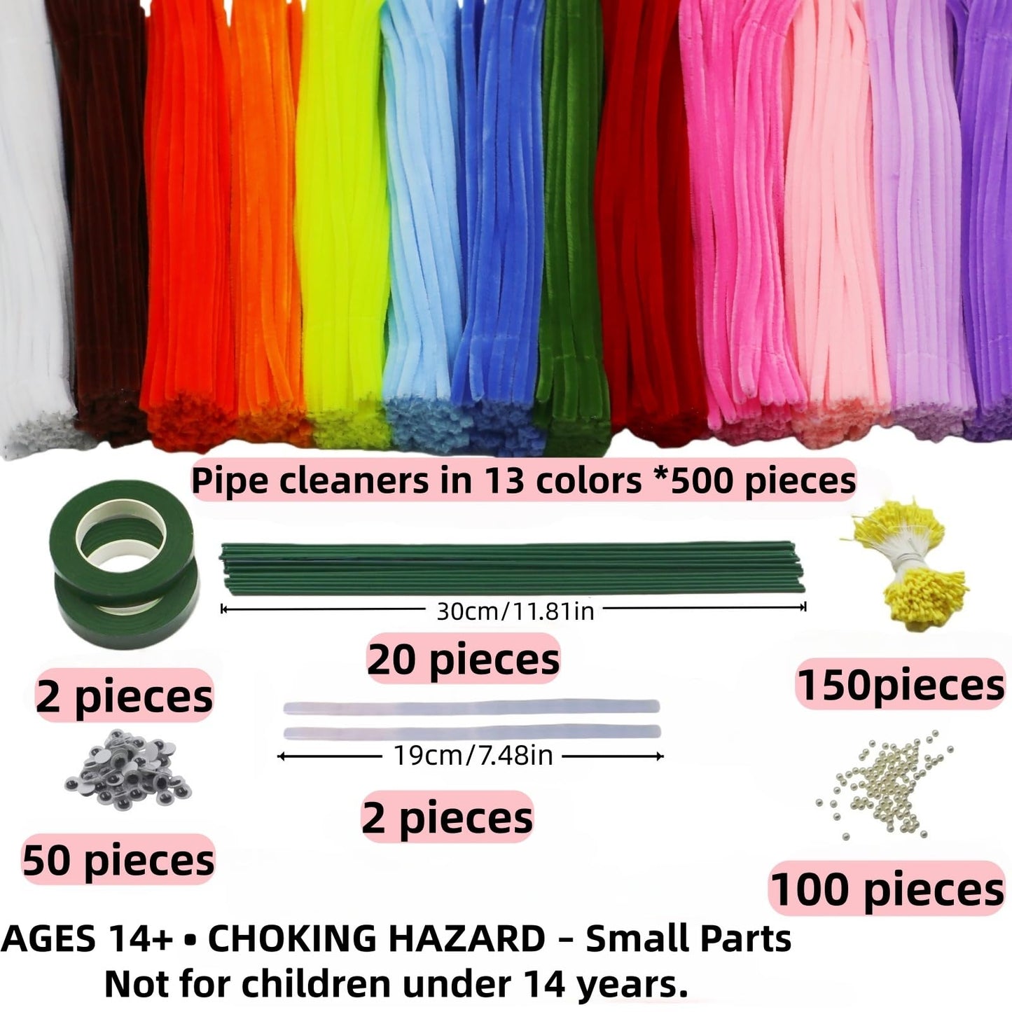 zoqdtu Bulk Pipe Cleaners 500 Pack, Pipe Cleaners Craft & Flower Kits, 13 Color Chenille Stems 12" x7mm, DIY Floral Craft Supplies for Adults Teens Ages 14+