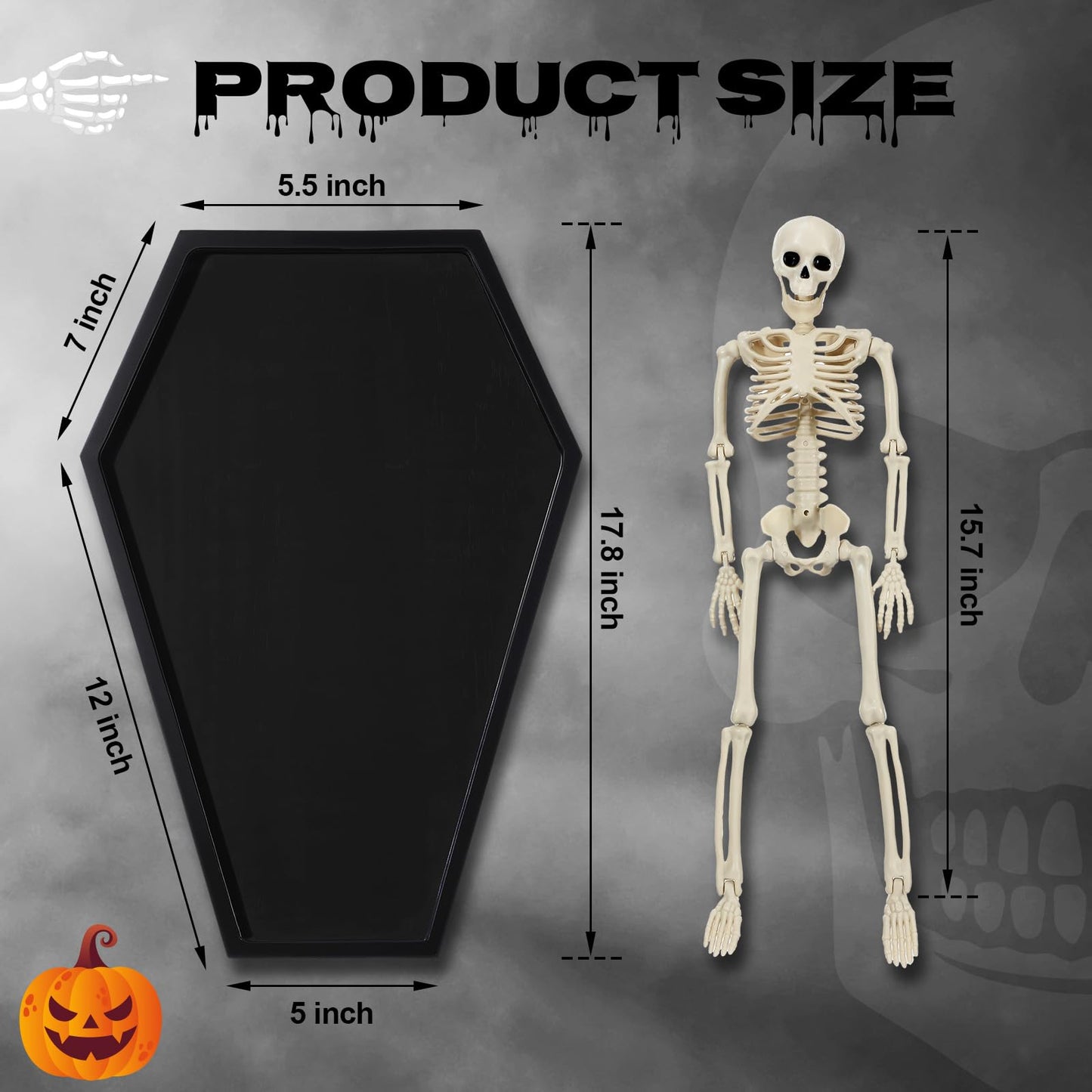 Seeloowy 17.8'' Halloween Coffin Charcuterie Board with 16" Skeleton Large Wooden Coffin Serving Tray Board Skeleton Spooky Gothic Home Decor for Halloween Party Gothic Accessories