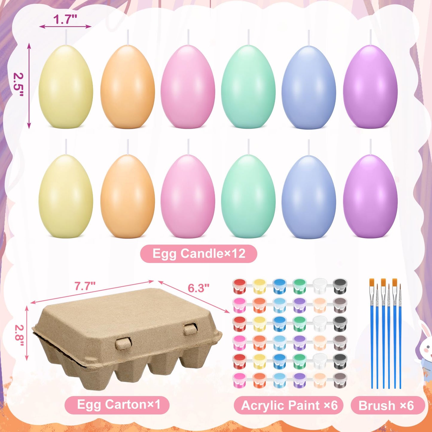 Conelist 25 Pcs Easter Egg Candle Painting Kit Easter Painting Crafts for Adult Macaron Egg Shaped Candles with Carton Acrylic Paint Strips Paintbrushes for Spring DIY Gift Basket Stuffers