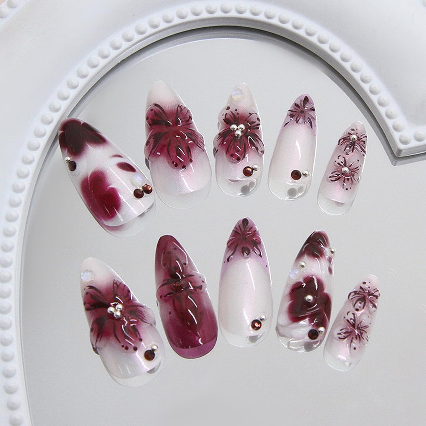 YKZFUI 24Pcs Dark Purple Flower Pearls Nails Medium Almond Acrylic French Tip False Nails Glue on Nails Set
