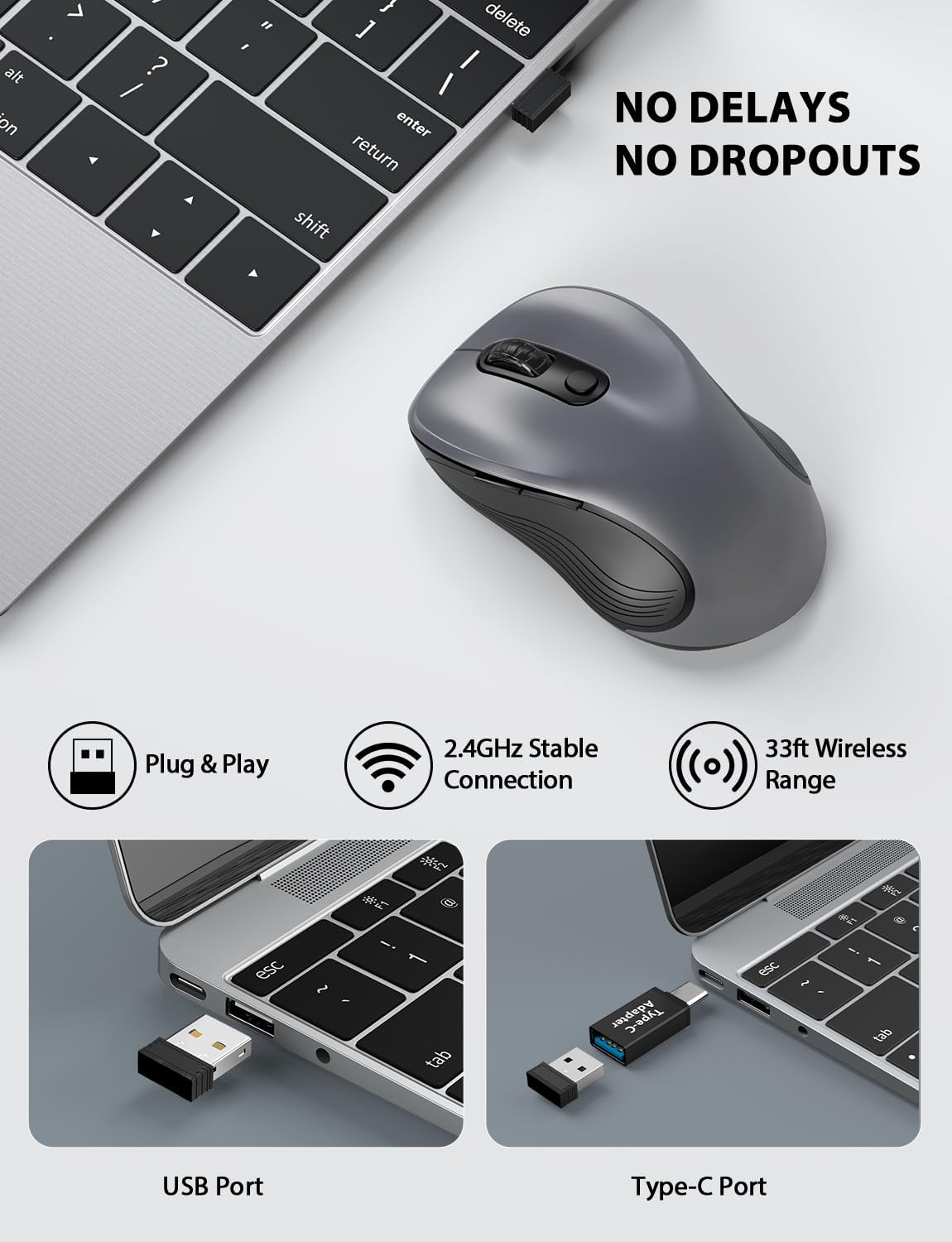 Trueque Wireless Mouse for Laptop, 2.4GHz Ergonomic Computer Mouse with Back & Forward Buttons, 3 Adjustable DPI Levels, 6 Buttons, Optical USB Cordless Mice for Windows Chromebook MacBook PC (Gray)