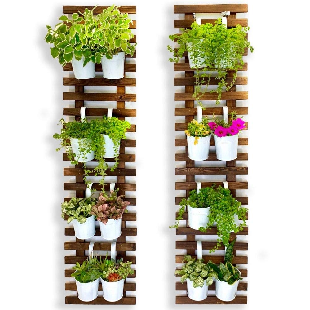 ShopLaLa Bundle - 2 Pack Wooden Wall Planter + 10 Pack, 4 Inch Self Watering Plastic Planters White Plant Holder, Modern Hydroponic Wall Pot Vertical System for Living Plant, Garden