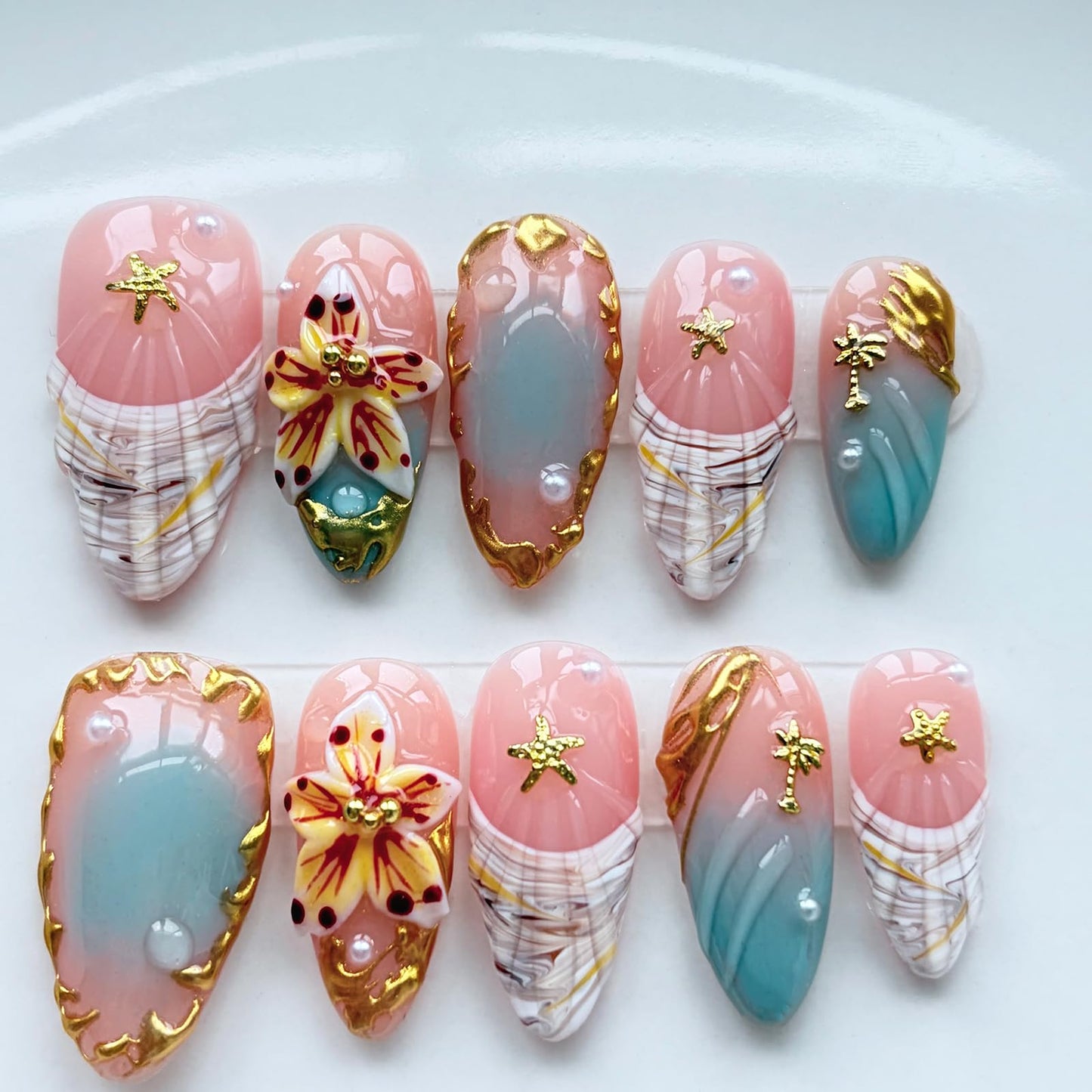 Threelegscat Press on Nails Medium Almond Nude Gradient 3D Flower & Starfish Handmade Reusable Fake Nails for Mother Gift & Daily Size M 10 PCS