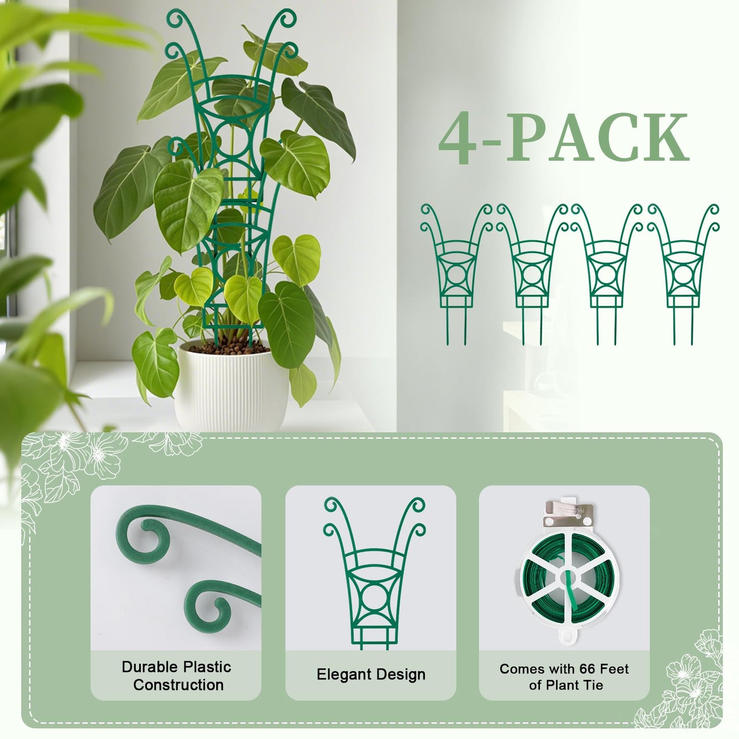 4 Pack Stackable Plant Trellis for Climbing Plants, Indoor/Outdoor Garden Trellis, Plant Support for Vine Ivy Hoya & Houseplants Flower