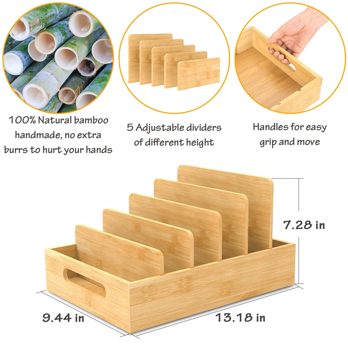 Retro Shaw Bamboo Food Container Lid Organizer with Adjustable Dividers for Cabinet, Lid Organizer for Plastic Lids and Covers Kitchen Storage and Organization