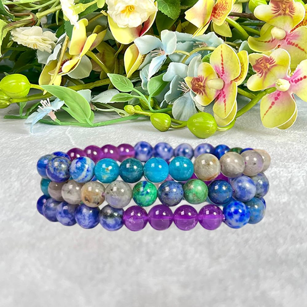 Crystal Treasure Third Eye Chakra Crystals Sodalite,Amethyst,Himalayan Quartz,Azurite Malachite,Rhyolite,Blue Aventurine Stone Round Beaded Stretchable Bracelet