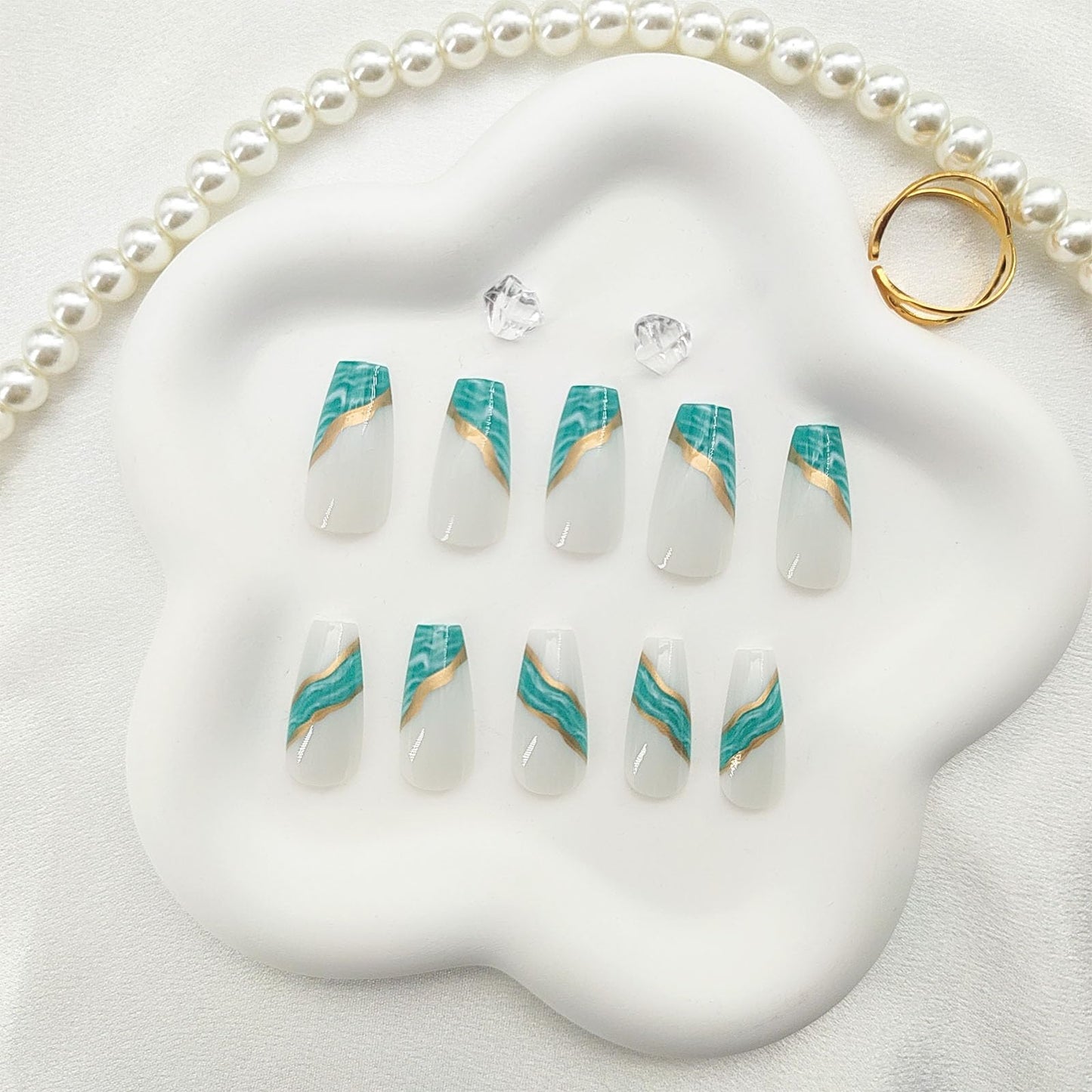 Coffin Press Ons Medium Fake Nails - Gold Line Designs, Light Blue Smudge Nails, Press Ons with White Glue, Glossy Full Cover Artificial Stick On Nails - 24PCs