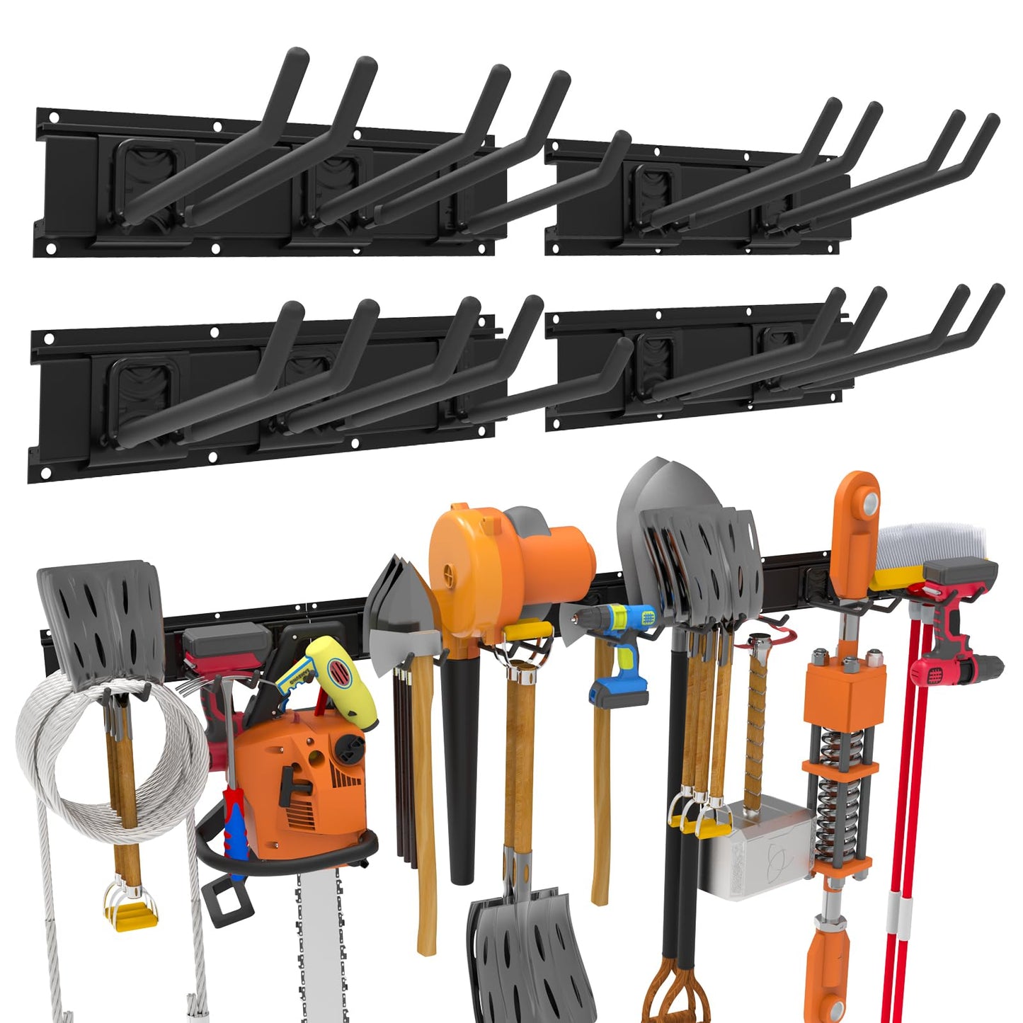 Mutilife Wall-Mounted Garage Tool Organizer: 64 Inch Heavy-Duty Garden Rack & Wall Storage System - 4 Rails 10 Non-Slip Hooks for Folding Chairs, Ladders & DIY Tools