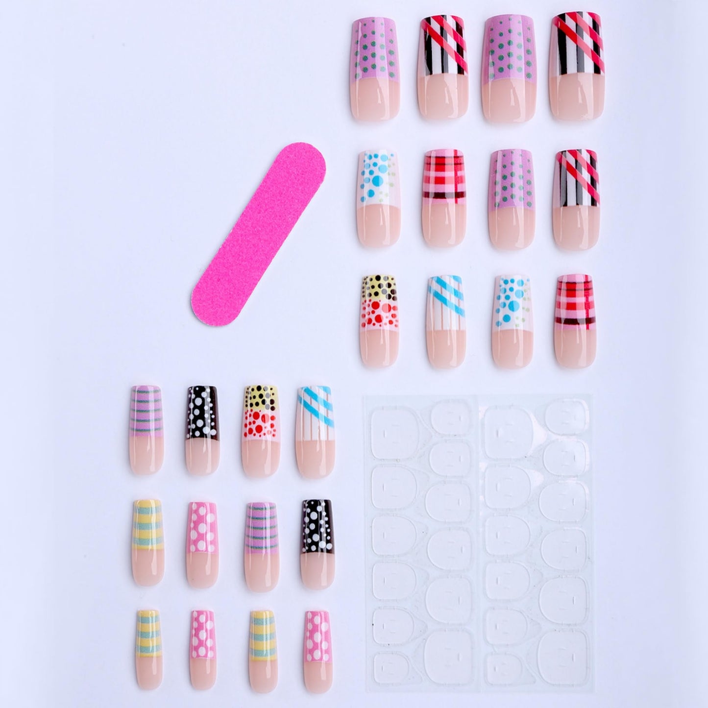 Long Press on Nails Square Fake Nails Multicolor Artificial Nail with Polka Dot Striped French Tip Beach Stick on Nail for Women 24pcs
