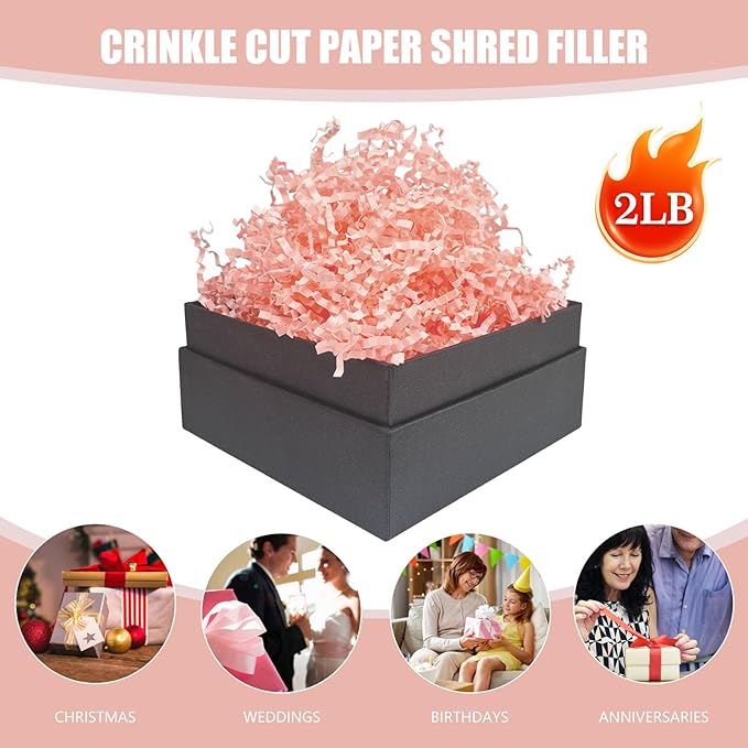 Crinkle Cut Paper Shred Filler, 2 LB Pink Basket Filler Shredded Paper, Confetti Stuffing for Basket Filling, Halloween, Valentine's Day, Christmas, Birthdays, Gift Wrapping, Stuffer Party Supplies