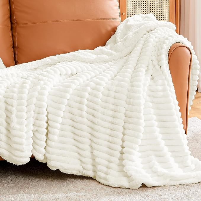 INFIIXSO Sherpa Throw Blanket for Couch - Super Soft & Warm Striped Fleece Blanket, Cozy Plush Fluffy Blanket All Season Use (Cream, 50x60 Inches)