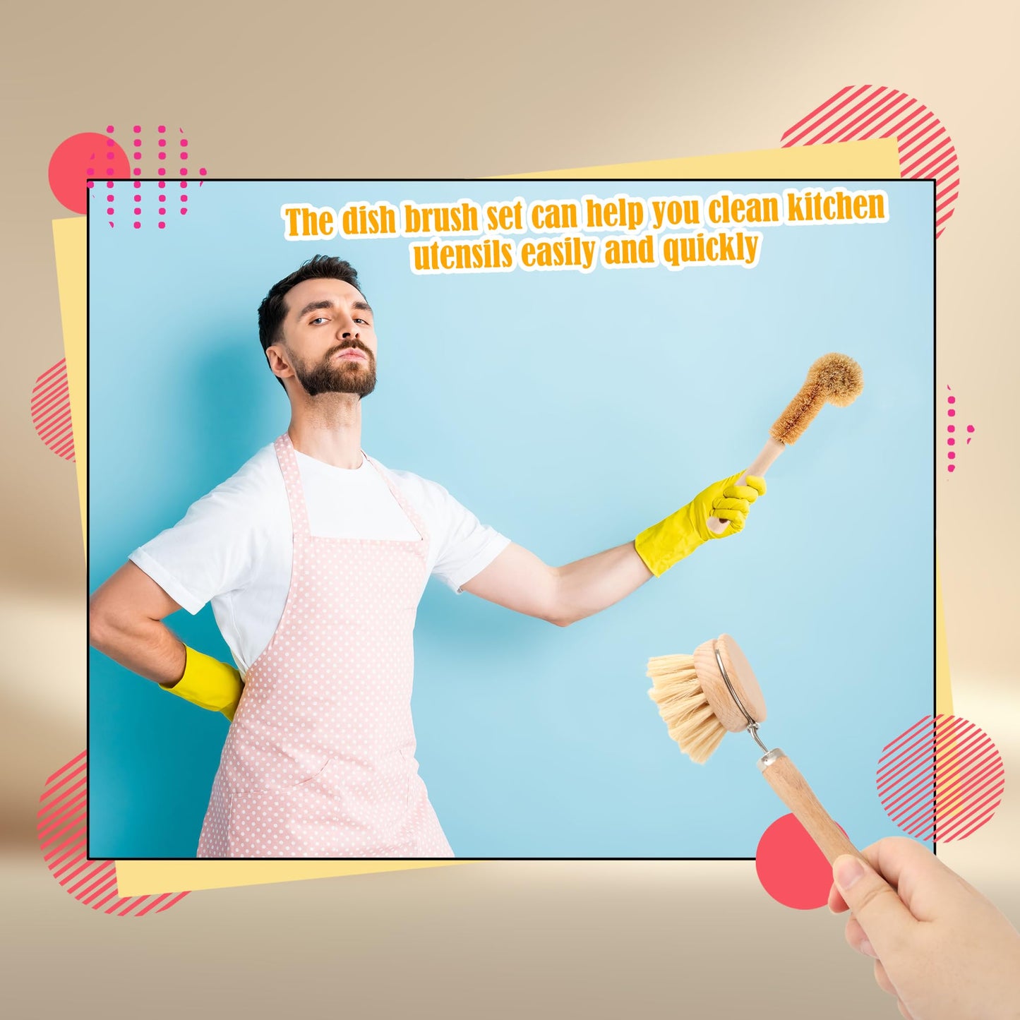 15 Pcs Bamboo Dish Brush Set with 65 Ft Hemp Rope Wooden Palm Pot Brush Sisal Bristles Natural Cup Scrubber Loofah Sponge Draining Tray for Pans, Bottle, Sink Kitchen Cleaning
