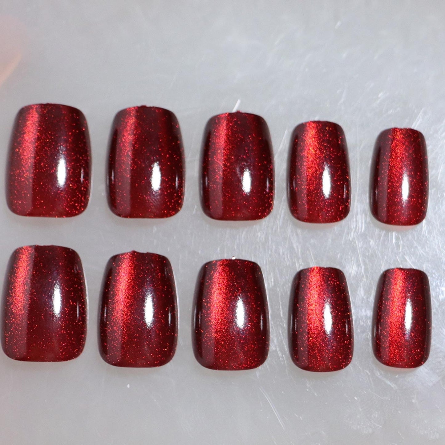 Burgundy Cat Eye Press on Nails Short Square Fake Nails with Glossy Designs Red Nails Press ons Simple Glue on Nails Artificial False Nails Winter Fall Stick on Nails for Women 24Pcs
