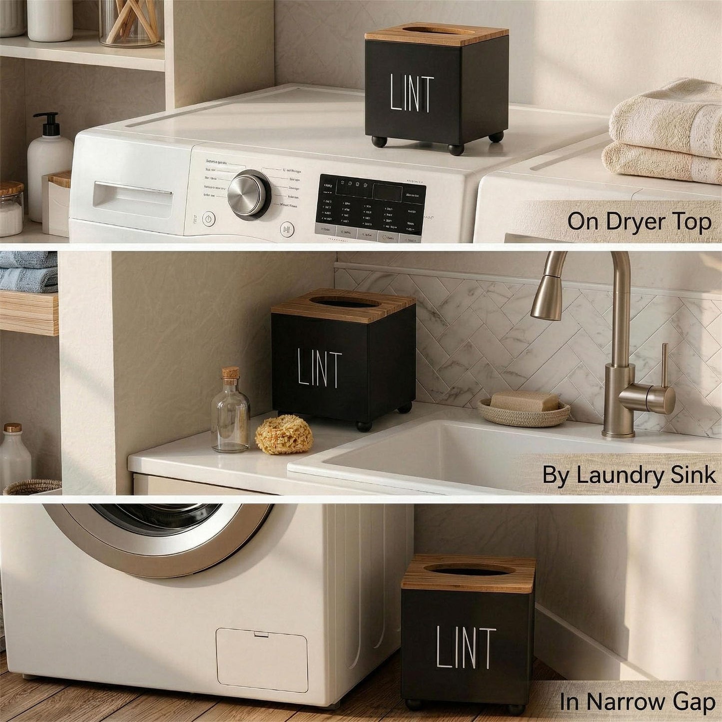 CHONIC Lint Bin for Laundry Room, Farmhouse Lint Box, Wooden Lint Holder with Lid, Lint Container for Laundry Room Decor, Dryer Lint Trash Can for Laundry Accessory Organization(Black)