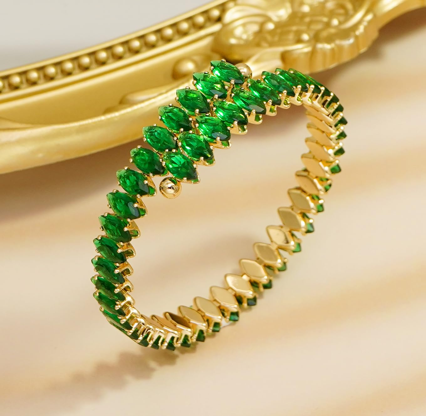 Wovanoo Rhinestone Cuff Bracelet Cubic Zirconia Tennis Bracelets Open Adjustable Elastic Bangle for Women Gold Green