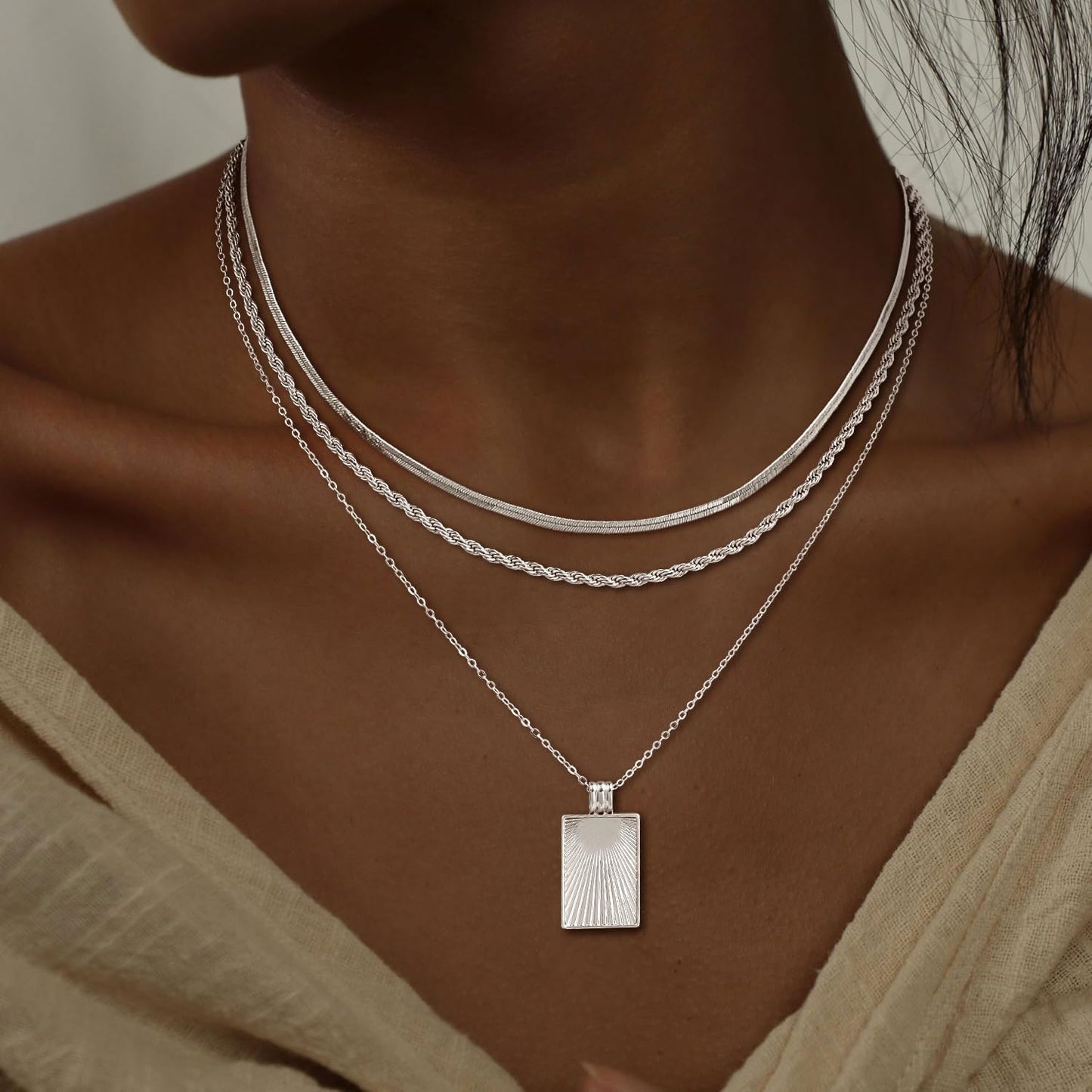 CHESKY Layered Silver Necklaces for Women Trendy, Dainty Silver Plated Stackable Charm Necklaces for Womens Square Pendant Necklaces Silver Jewelry Set for Women Gifts