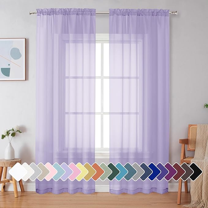 Simplebrand Lavender Sheer Curtains 90 Inches Long 2 Panels, Light Filtering Rod Pocket Solid Color Window Sheer Curtain Panels, Elegant Curtains & Drapes for Living Room, Bedroom, 42" W x 90" L