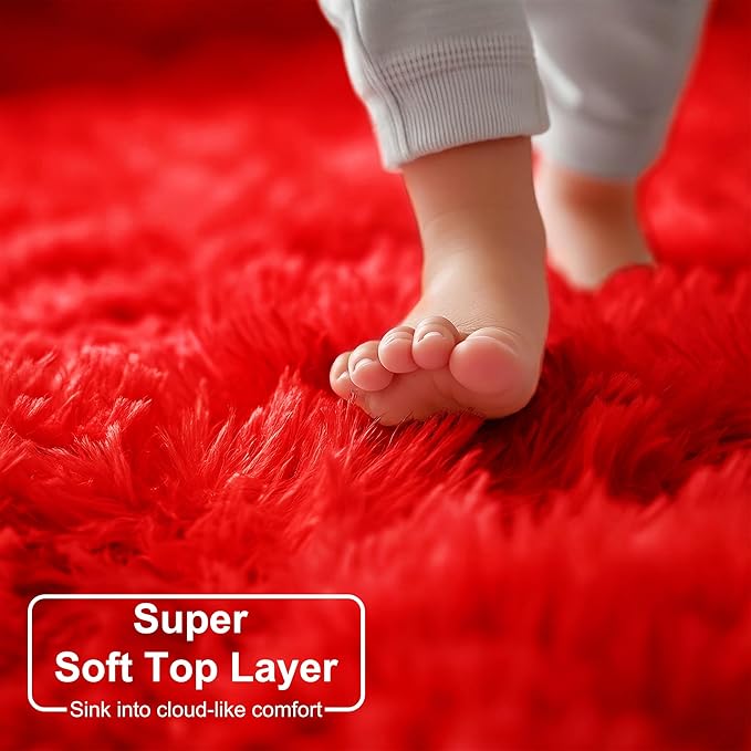 Red Round Rug 4Ft for Bedroom, Fluffy Shag Circle Area Rugs for Kids Room Decor Aesthetic, Fuzzy Plush Fur Carpets for Living Room Nursery Dorm Classroom, Red Carpet, Christmas Rugs for Teen Boys