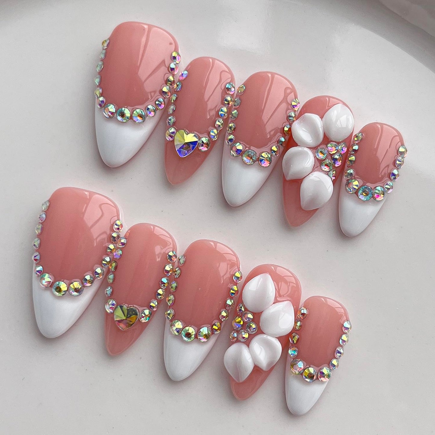 French Tip Press on Nails Handmade Medium Almond 3D Floral Thick Acrylic Nails White False Nails with Flower Rhinestones Designs Elegant Glossy Fake Nail Sturdy Wedding Art Press on Nail 10Pcs(M)