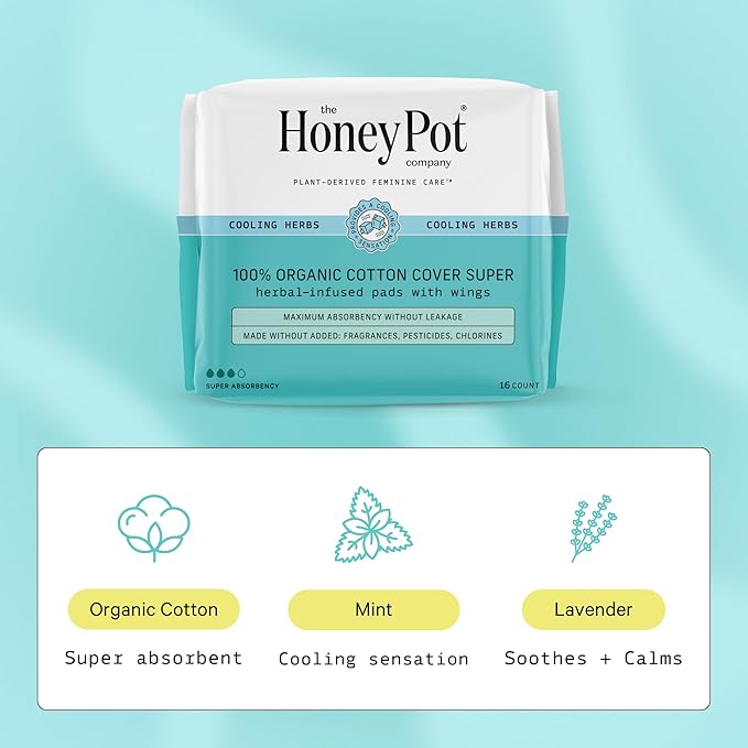 The Honey Pot Company - Herbal Pads for Women - Super w/Wings - Infused w/Essential Oils for Cooling Effect, Organic Cotton Cover, & Ultra-Absorbent Pulp Core - Feminine Care - FSA & HSA - 16 ct
