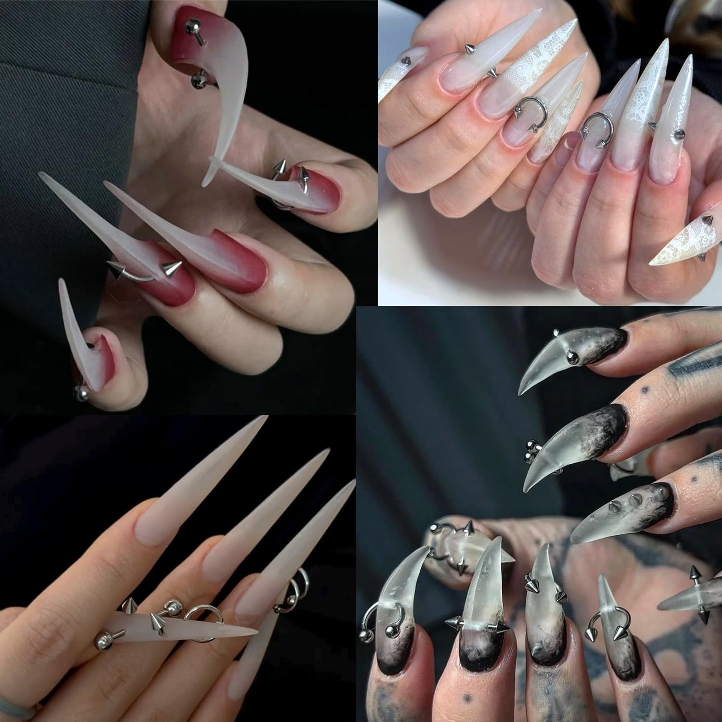 Furtherpretty Piercing Nail Charms Set, 3D Silver Alloy Goth Punk Nail Art Decorations, Triangle Spike Rivets & Metal Rings, Y2K Pierced Nail Charms for DIY Manicure & Salon Accessories