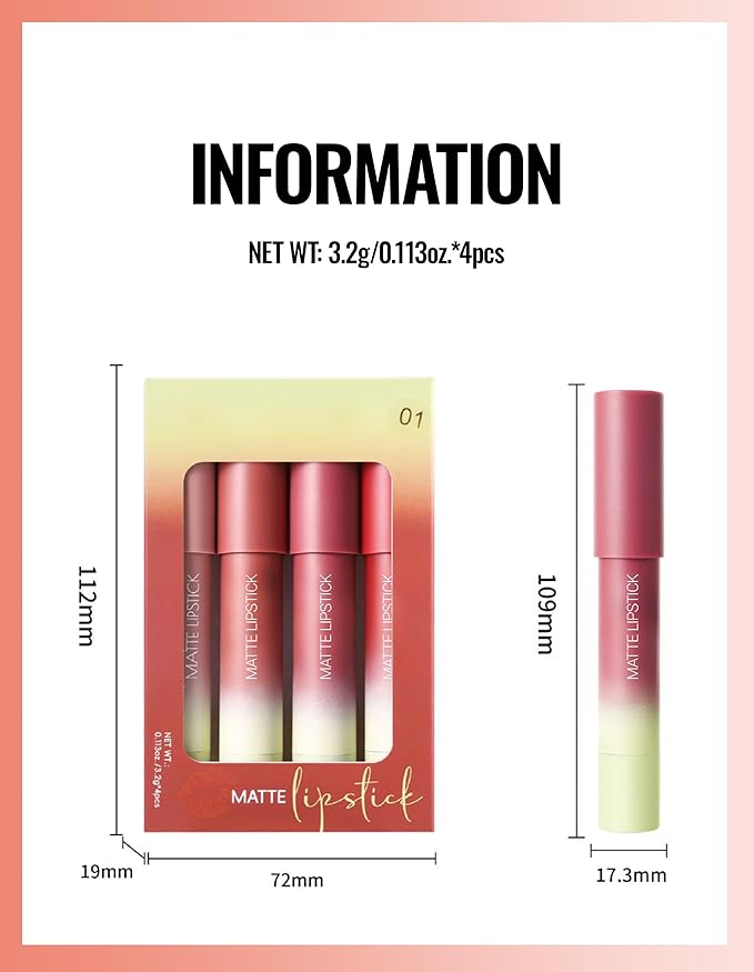 Erinde Matte Lipstick Crayon Set, 4 Colors 24 Hour Long-Lasting Waterproof Velvet Lip Crayons, Warm Red Berry Plum Taupe Brown Nude Brown Neutral Lip Liner Pencil for Women, Vegan & Cruelty-Free