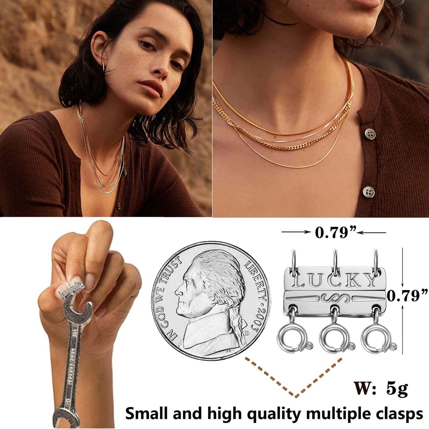 Dailyacc Lucky Necklace Layering Clasp 18K Gold and Silver Strong Multiple Necklace Clasps for Layered Look Separator
