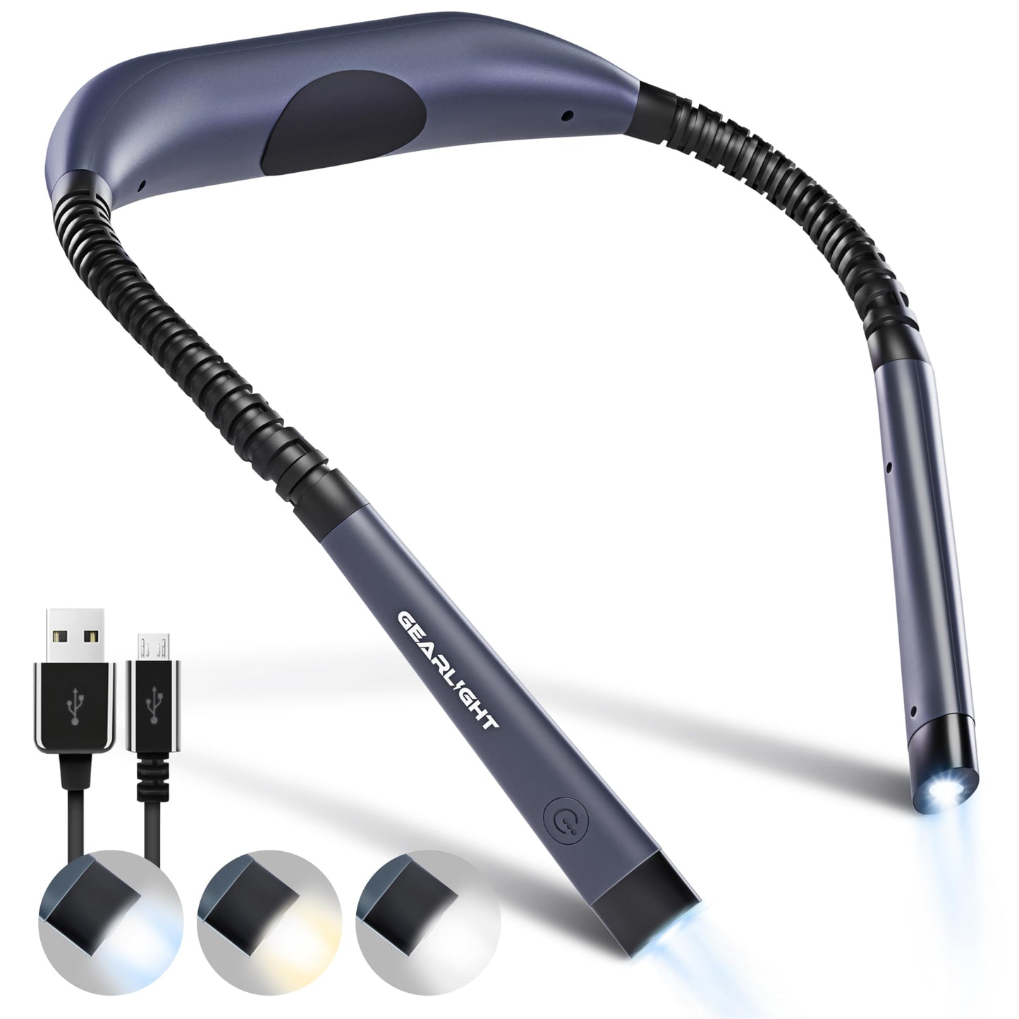 GearLight Rechargeable Book Light for Reading in Bed – Hands-Free LED Neck Light with 3 Light Modes, Adjustable Brightness, for Reading, Knitting, Crochet, Crafts, Sewing & Travel – 1 Pack