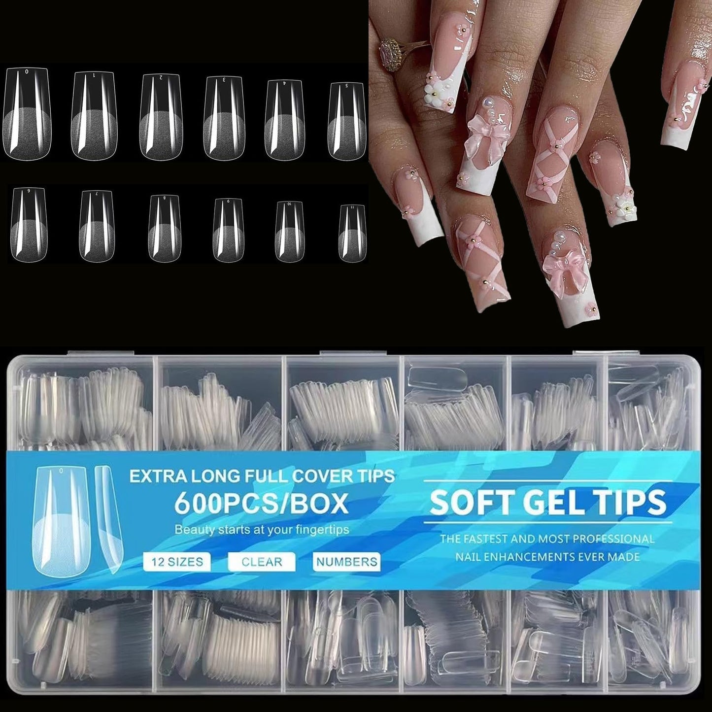 Medium Long Square Nail Tips, 600pcs Soft Nail Gel Tips Pre-Shaped Acrylic Fake Nails, Half Matte Full Cover Clear Jelly Press on False Nail Tips for Extension Nail Manicure Home DIY 12 Sizes
