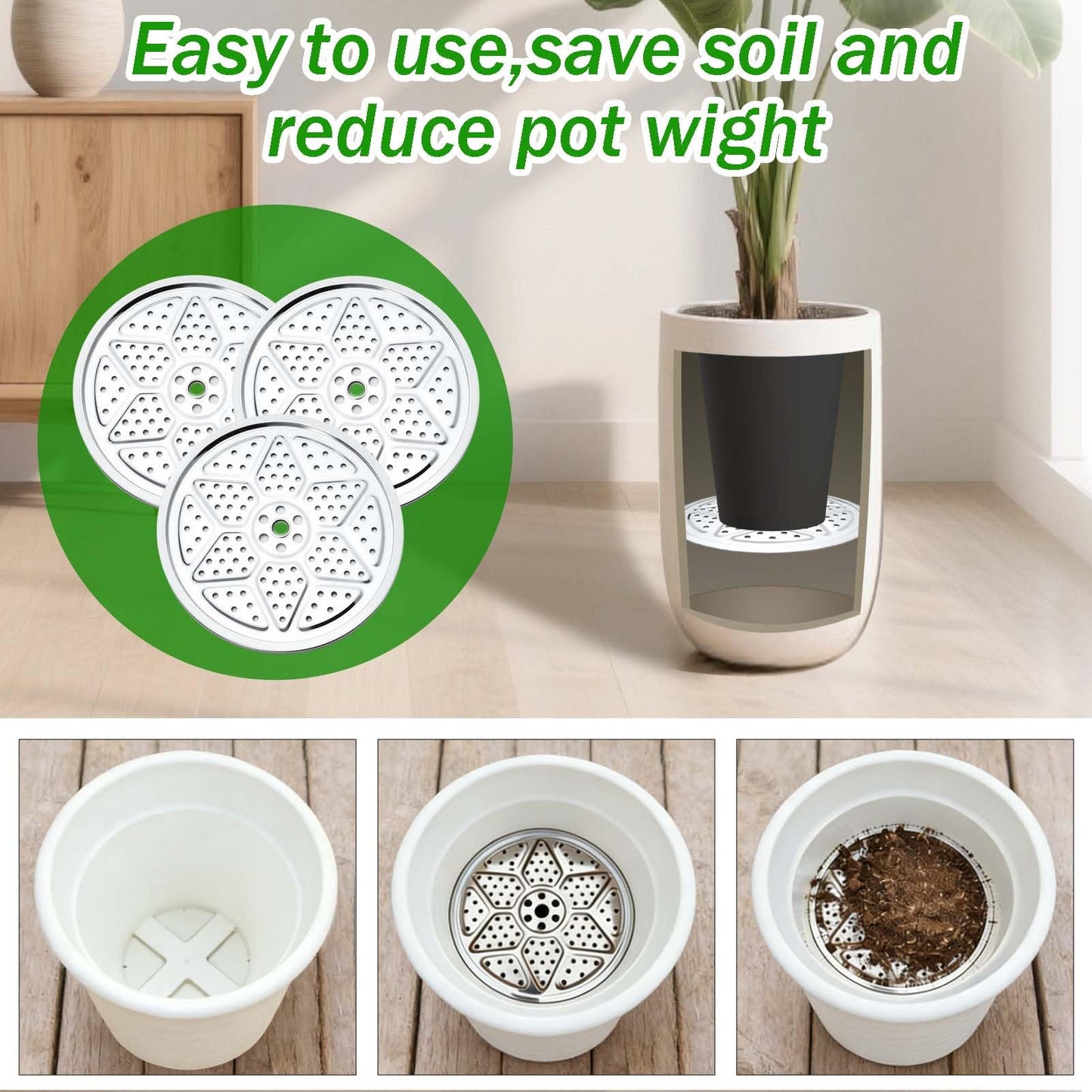 3PCS Round Planter Inserts for Large Tall Pots, 18" Stainless Steel Flower Pot Lift Insert Portable Planter Accessories Circular Plant Risers for Inside Pots with Drainage Hole, Use Less Potting Soil