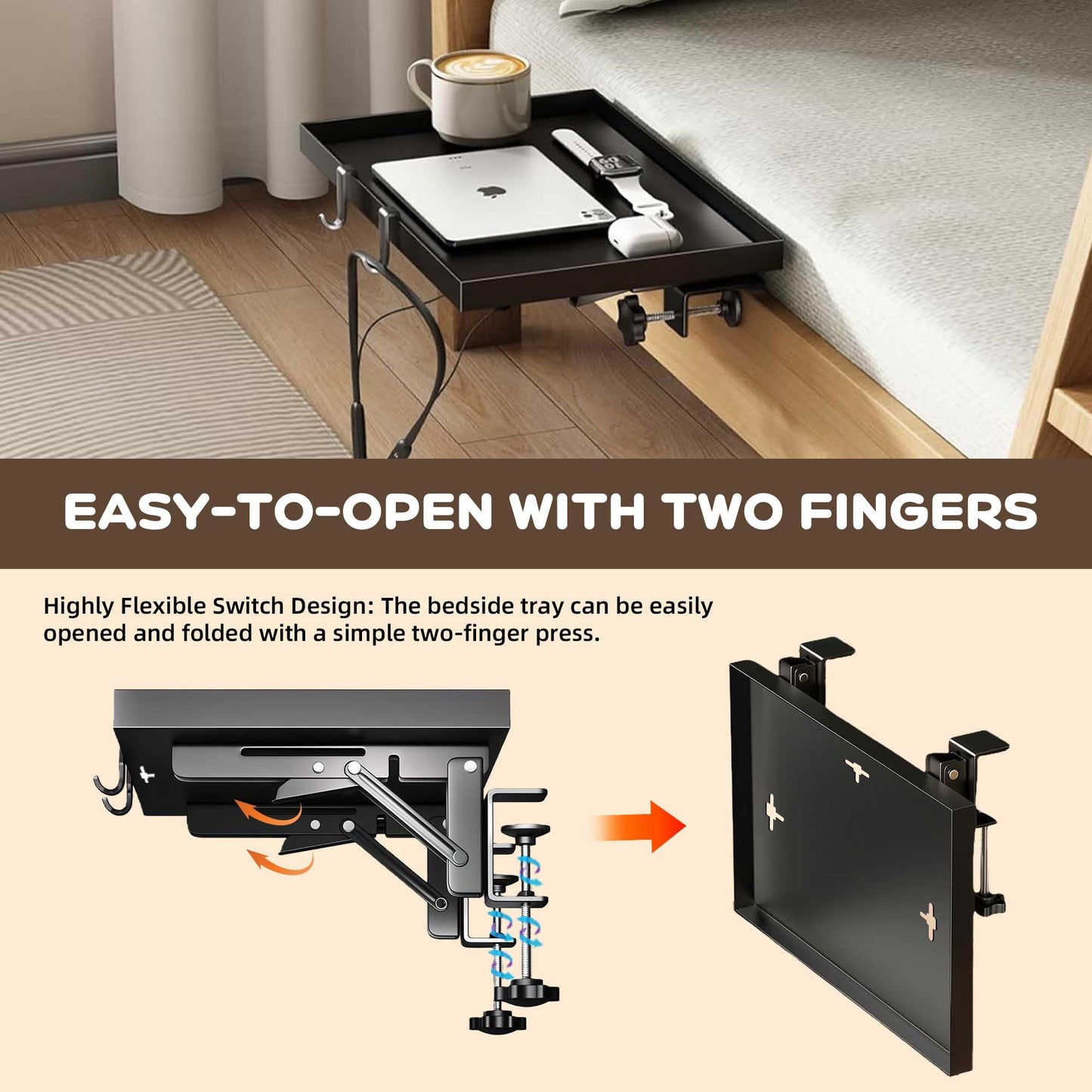 FelRelWel Foldable Bedside Shelf, Extra Large Floating Tray Table for Dorm Room & Bunk Bed, Side Table with 3 Cord Holes,College Dorm Room Essentials for Max 15.6" Laptops (15.7" x 11.8", Black)