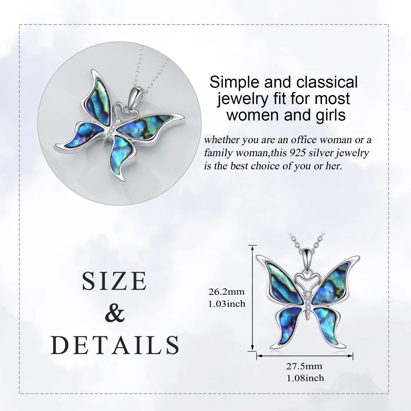 KQF Butterfly Necklace 925 Sterling Silver Abalone Shell Butterfly Pendant Jewelry Gift for Women Mom Daughter