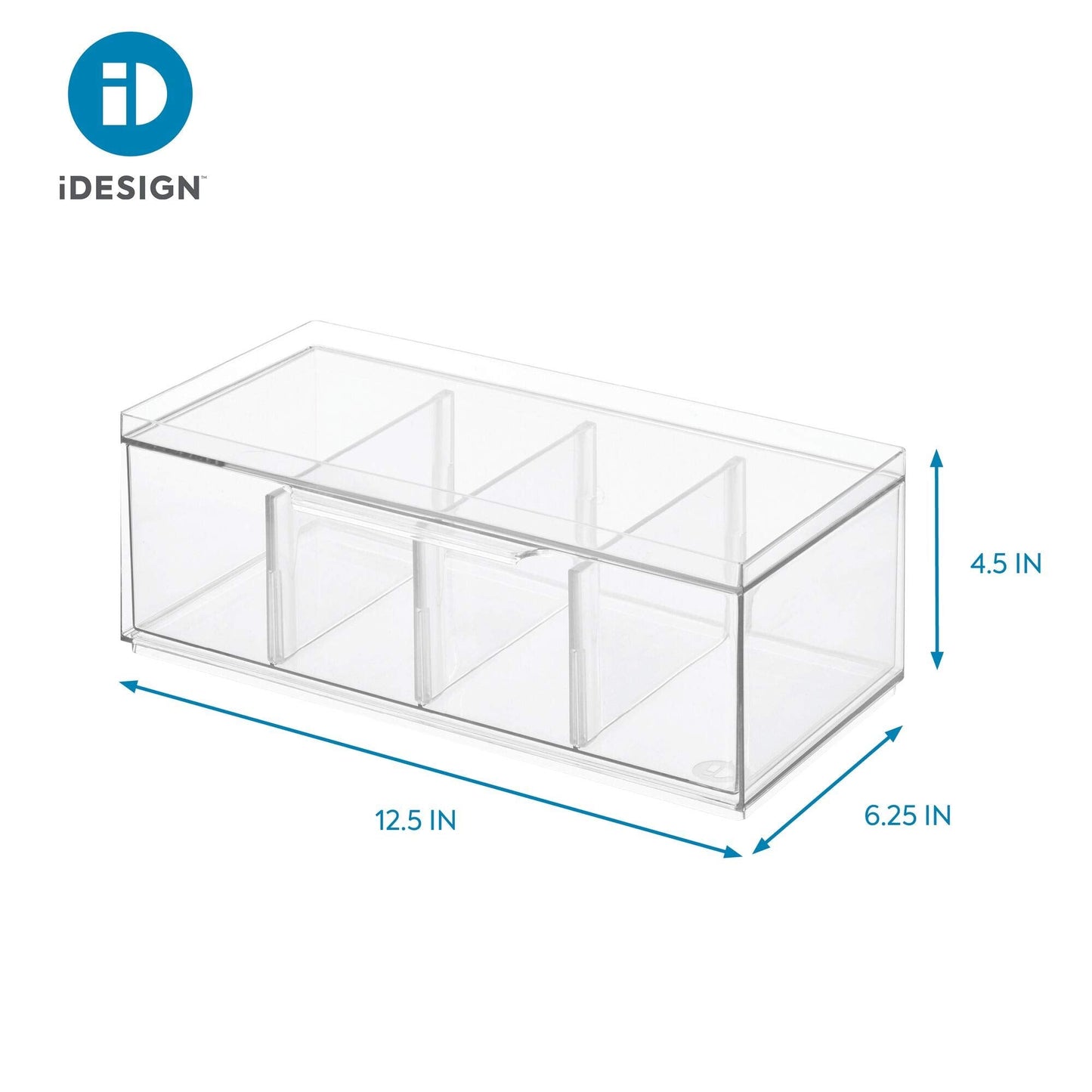 iDesign XL Tea Bag Organizer for Counter, 4-Section Clear Stackable Tea Storage Drawer for Cabinet
