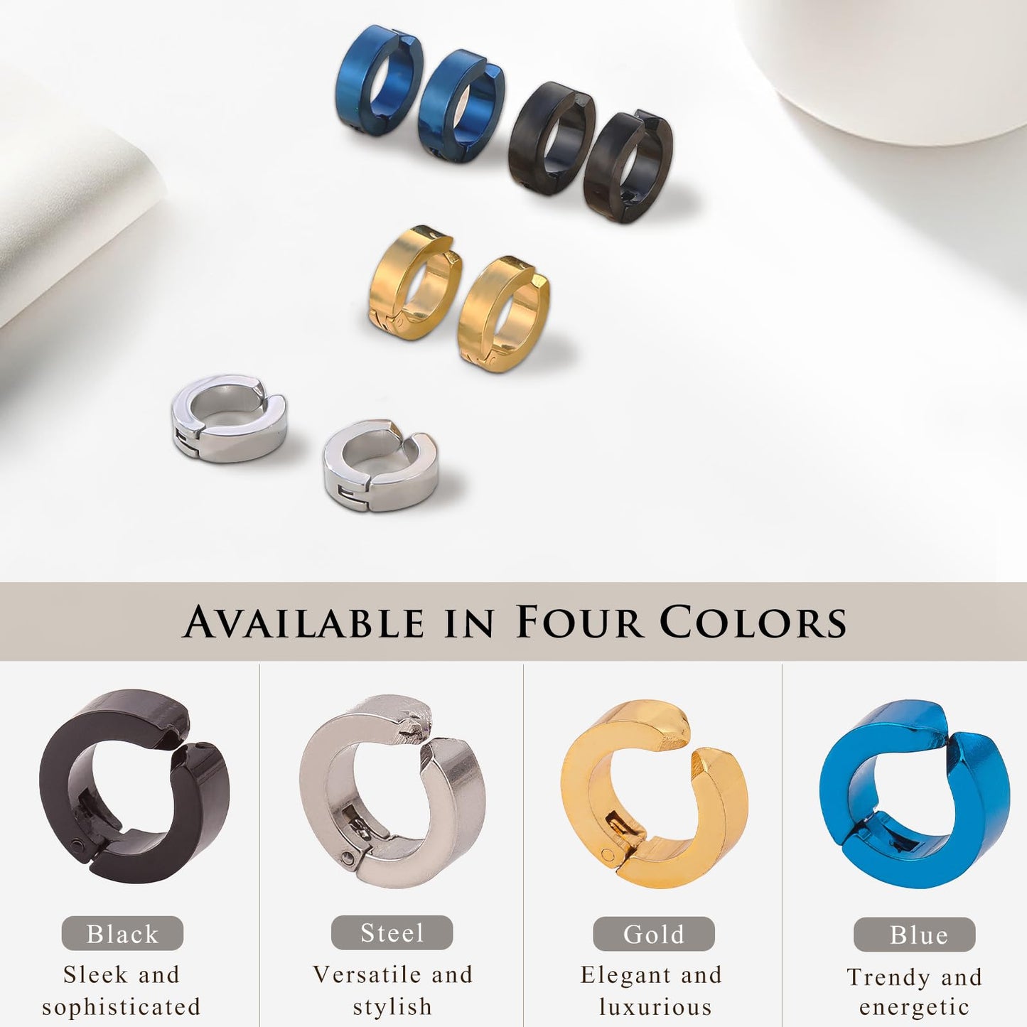 Tienyuu 8-Piece Non-Piercing Ear Clips – Stainless Steel Fake Ear Hoops for Men and Women, 4 Colors