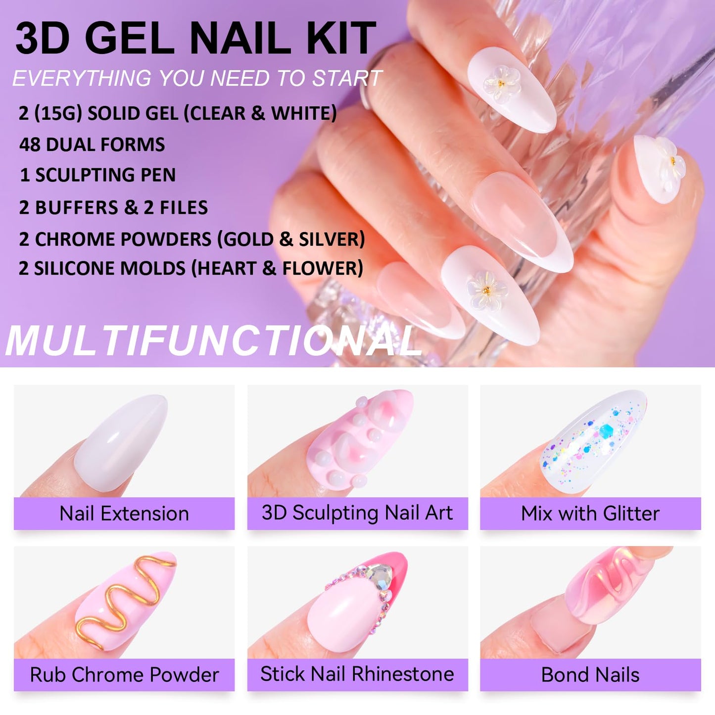 Makartt 3D Gel Nail Art for Nails Starter Kit: Clear and White 3D Sculpting Gel Non-Sticky Molding Carving Glue Extension Builder DIY Manicure Gold & Silver Chrome Powder Solid Soak Off Hard Gels
